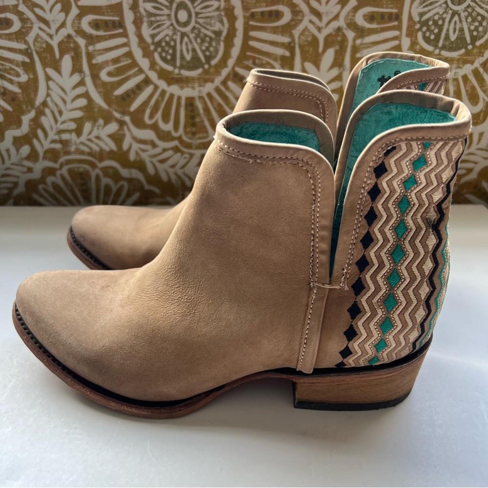 Corral Tan and Green Ankle Booties with Chevron Detail